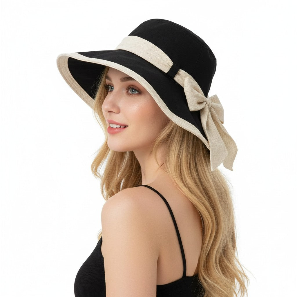 Wide Brim Sun Hat with Bow Lightweight Foldable Beach Vacation Hat
