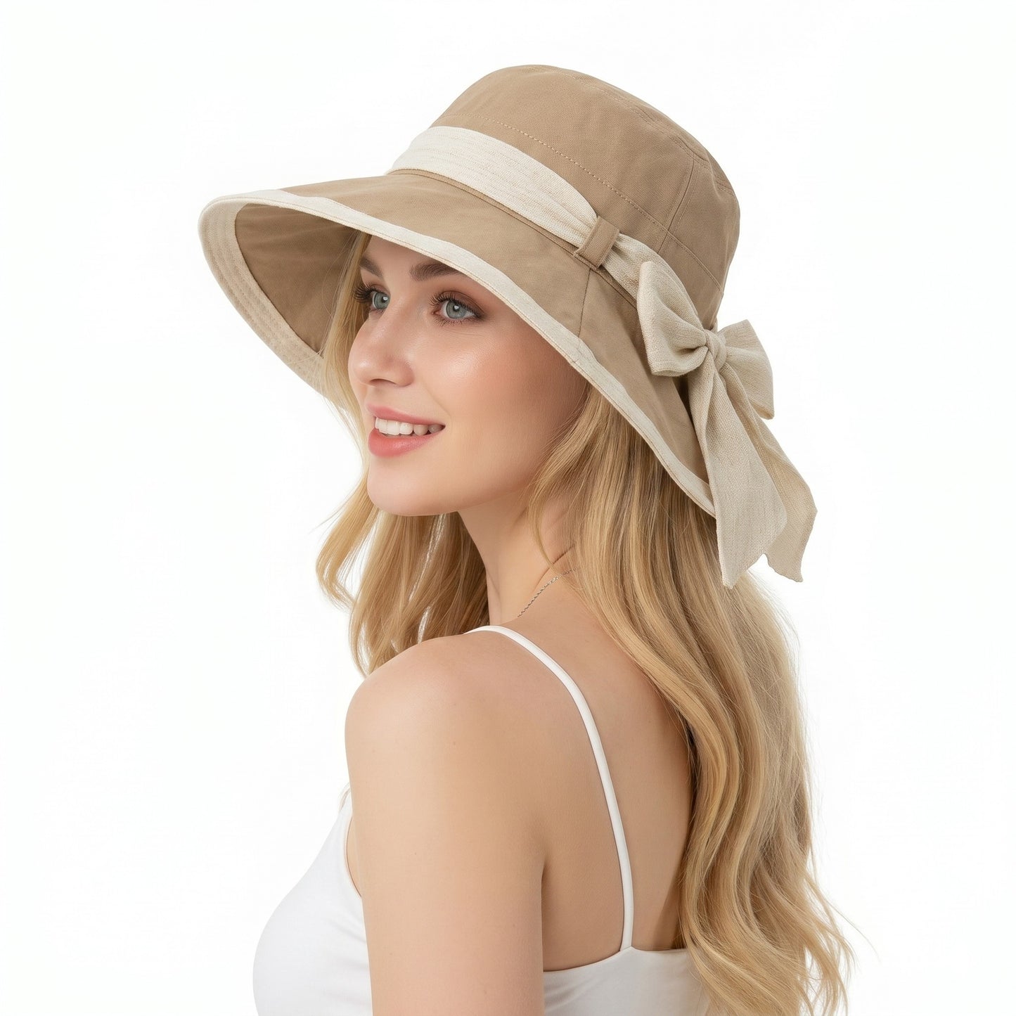 Wide Brim Sun Hat with Bow Lightweight Foldable Beach Vacation Hat