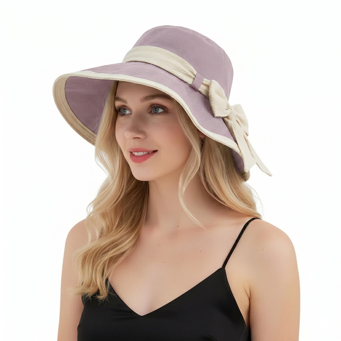Wide Brim Sun Hat with Bow Lightweight Foldable Beach Vacation Hat