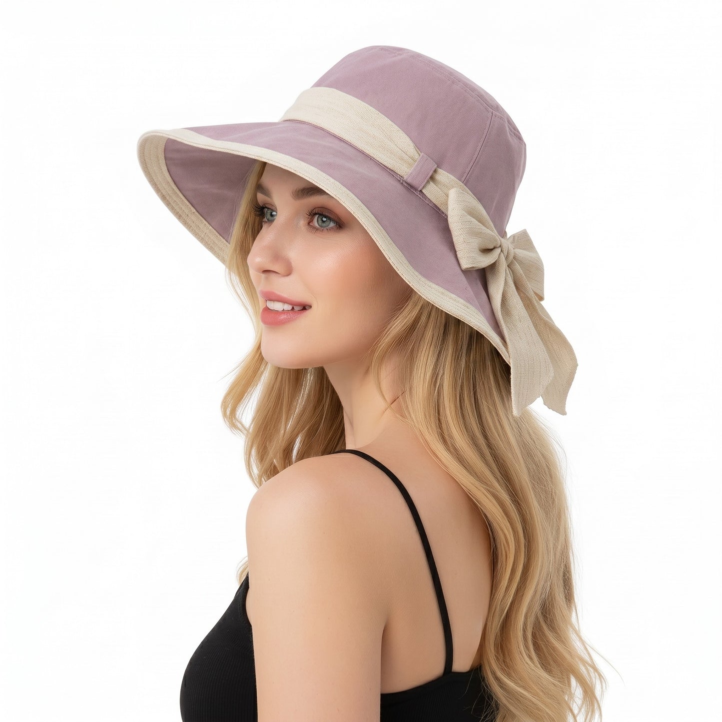 Wide Brim Sun Hat with Bow Lightweight Foldable Beach Vacation Hat
