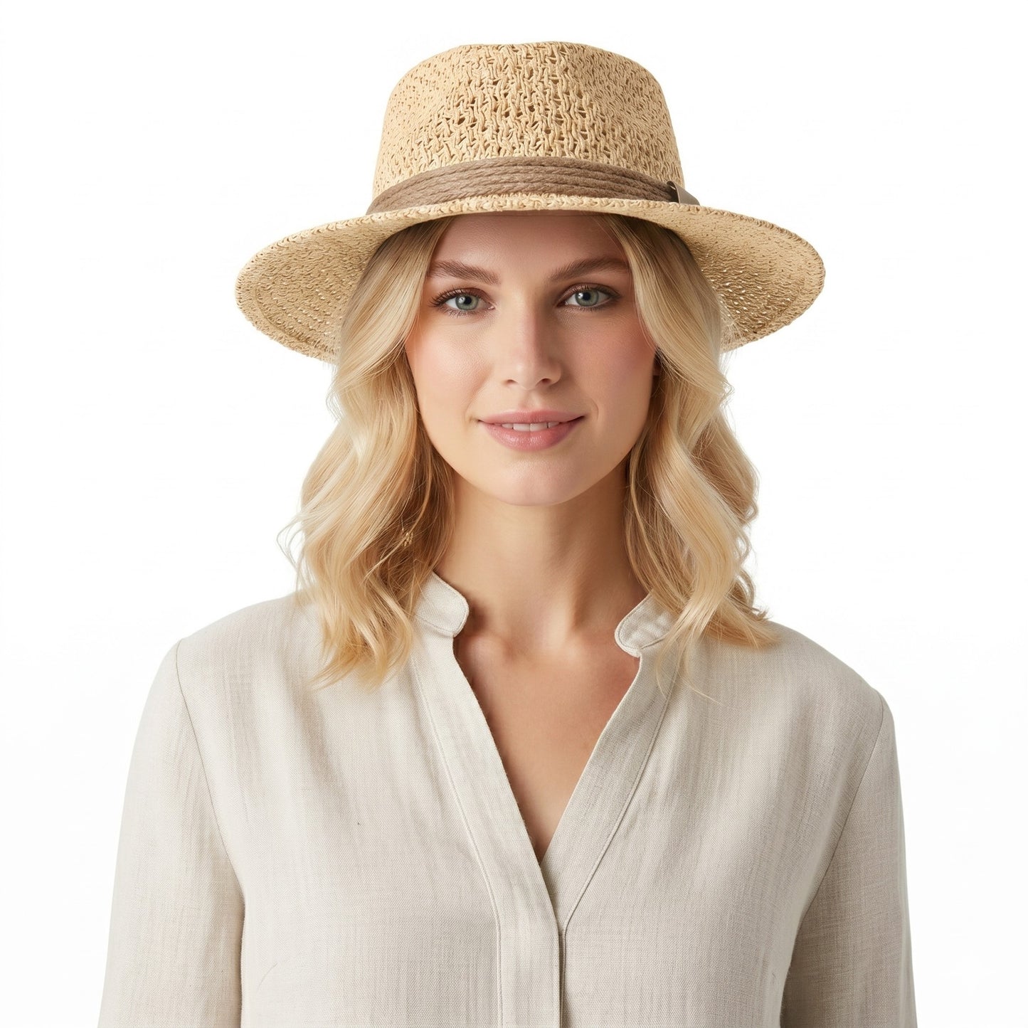 Flat Top Straw Boater Hat Wide Brim Summer Beach Vacation Sun Hat