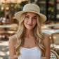 Flat Top Straw Boater Hat Wide Brim Summer Beach Vacation Sun Hat