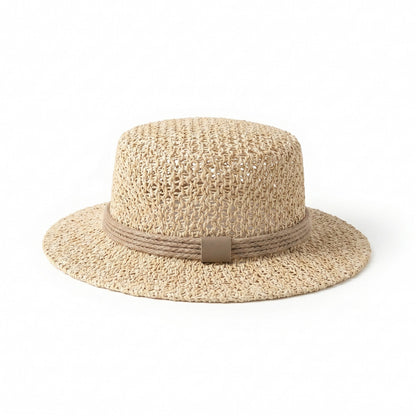 Flat Top Straw Boater Hat Wide Brim Summer Beach Vacation Sun Hat