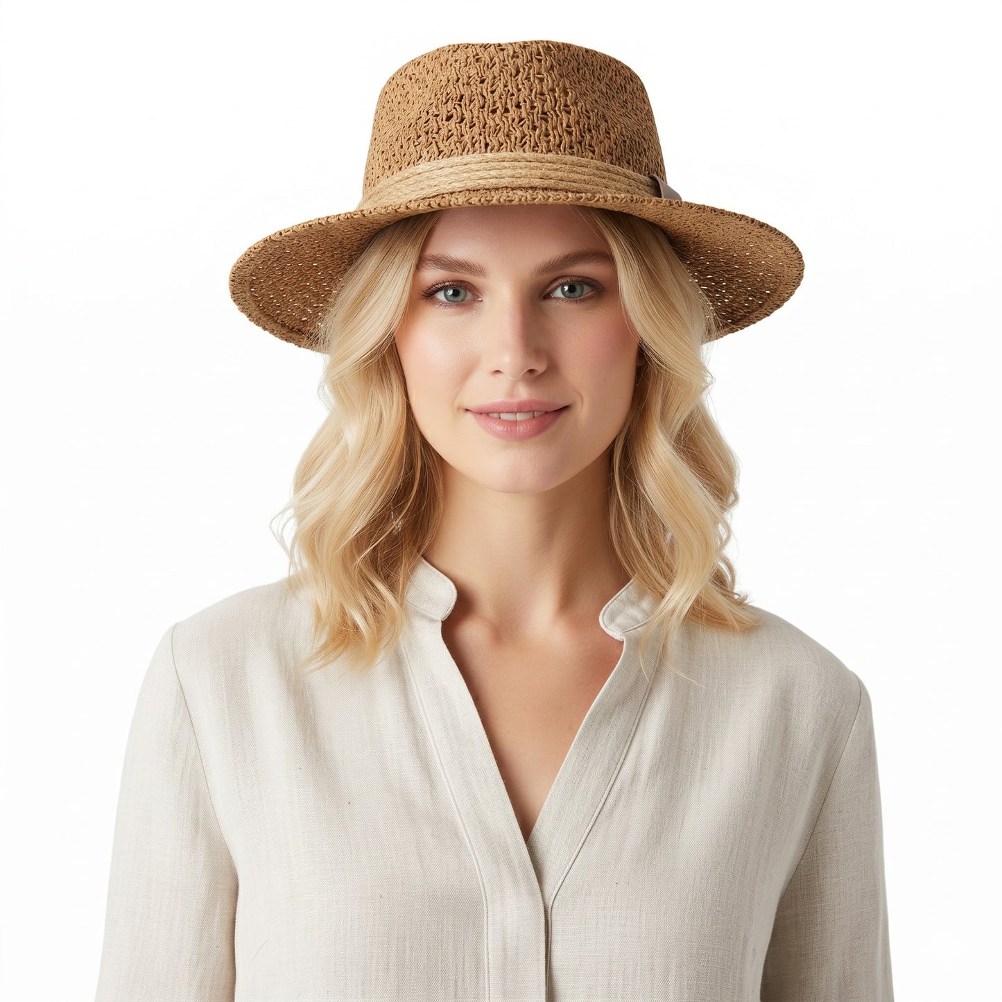 Flat Top Straw Boater Hat Wide Brim Summer Beach Vacation Sun Hat