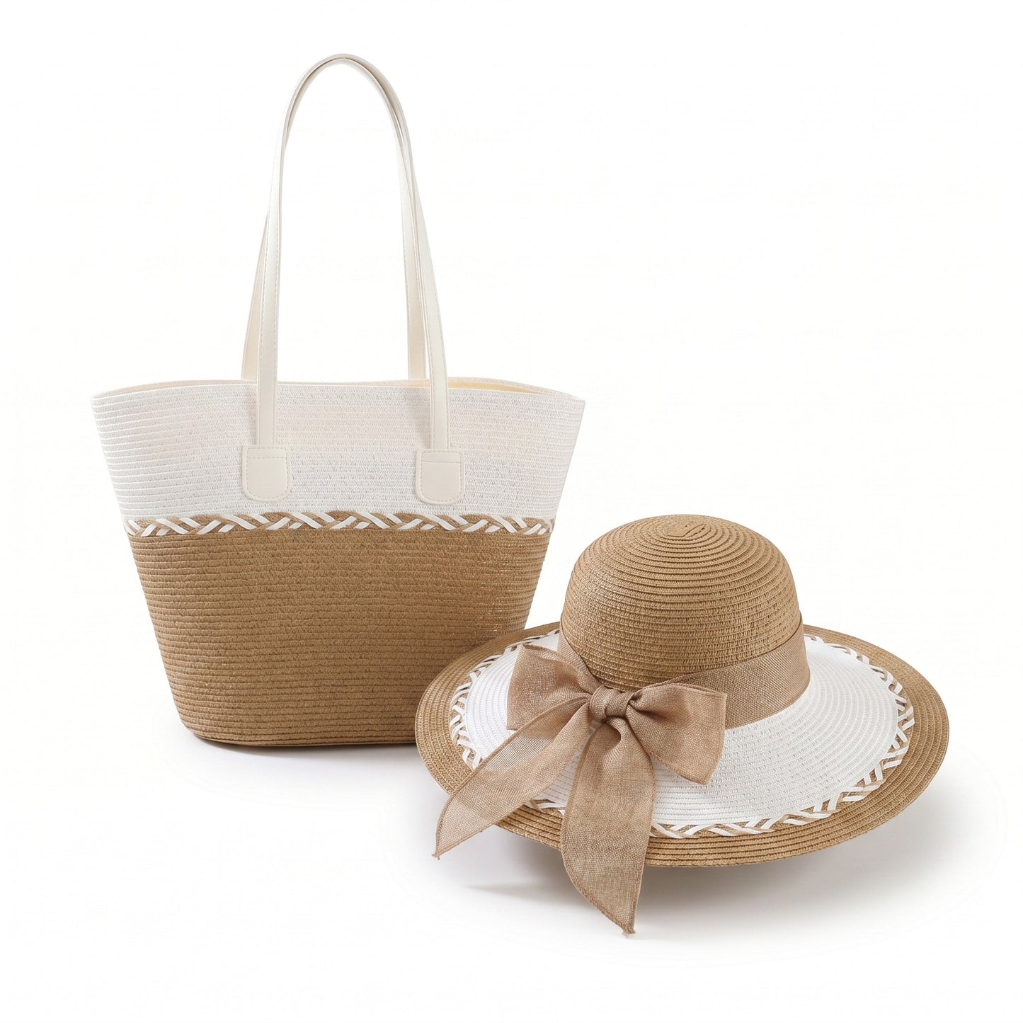 Straw Sun Hat and Tote Bag Set Wide Brim Beach Vacation Summer Matching Set