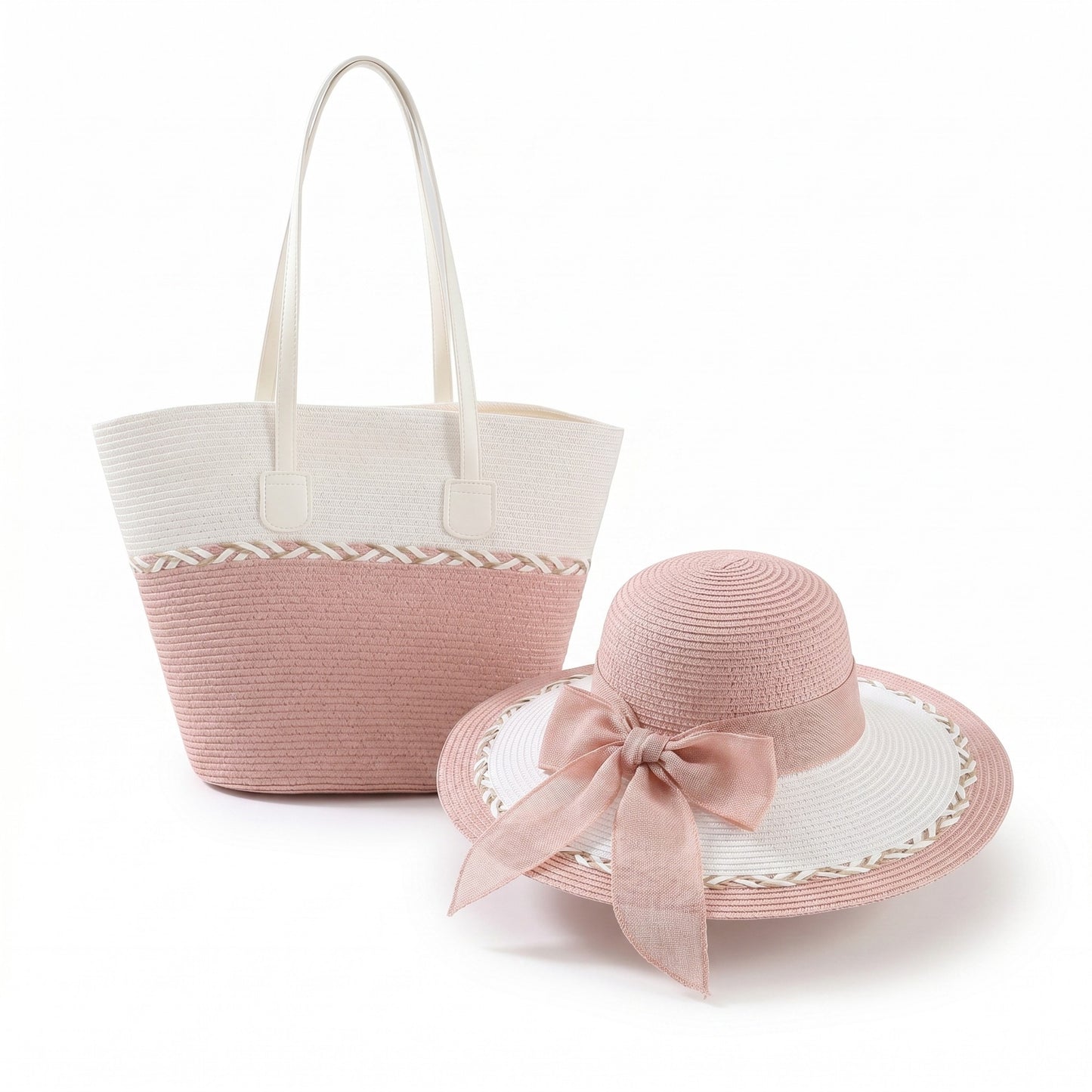 Straw Sun Hat and Tote Bag Set Wide Brim Beach Vacation Summer Matching Set