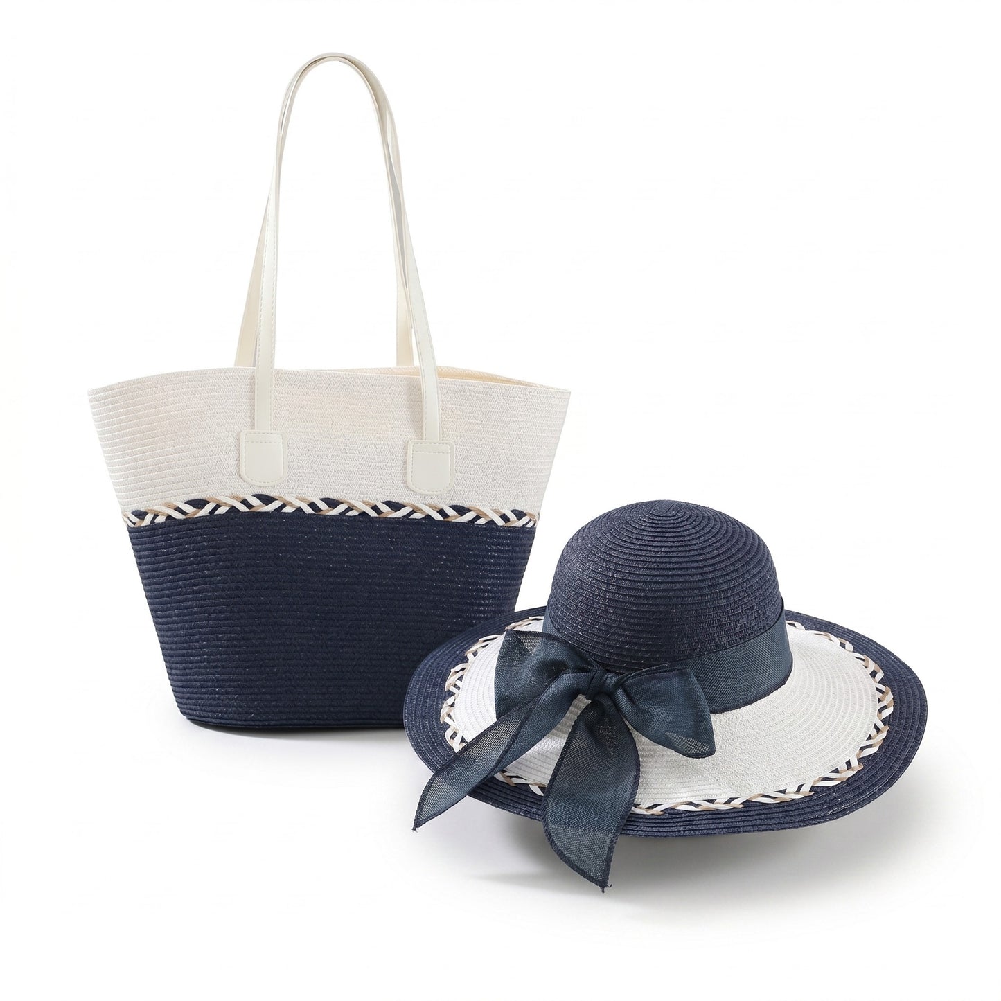 Straw Sun Hat and Tote Bag Set Wide Brim Beach Vacation Summer Matching Set