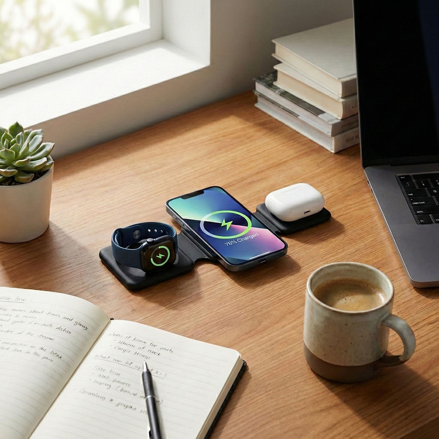 Foldable 3-in-1 Wireless Charging Station Compatible with Qi Enabled Devices