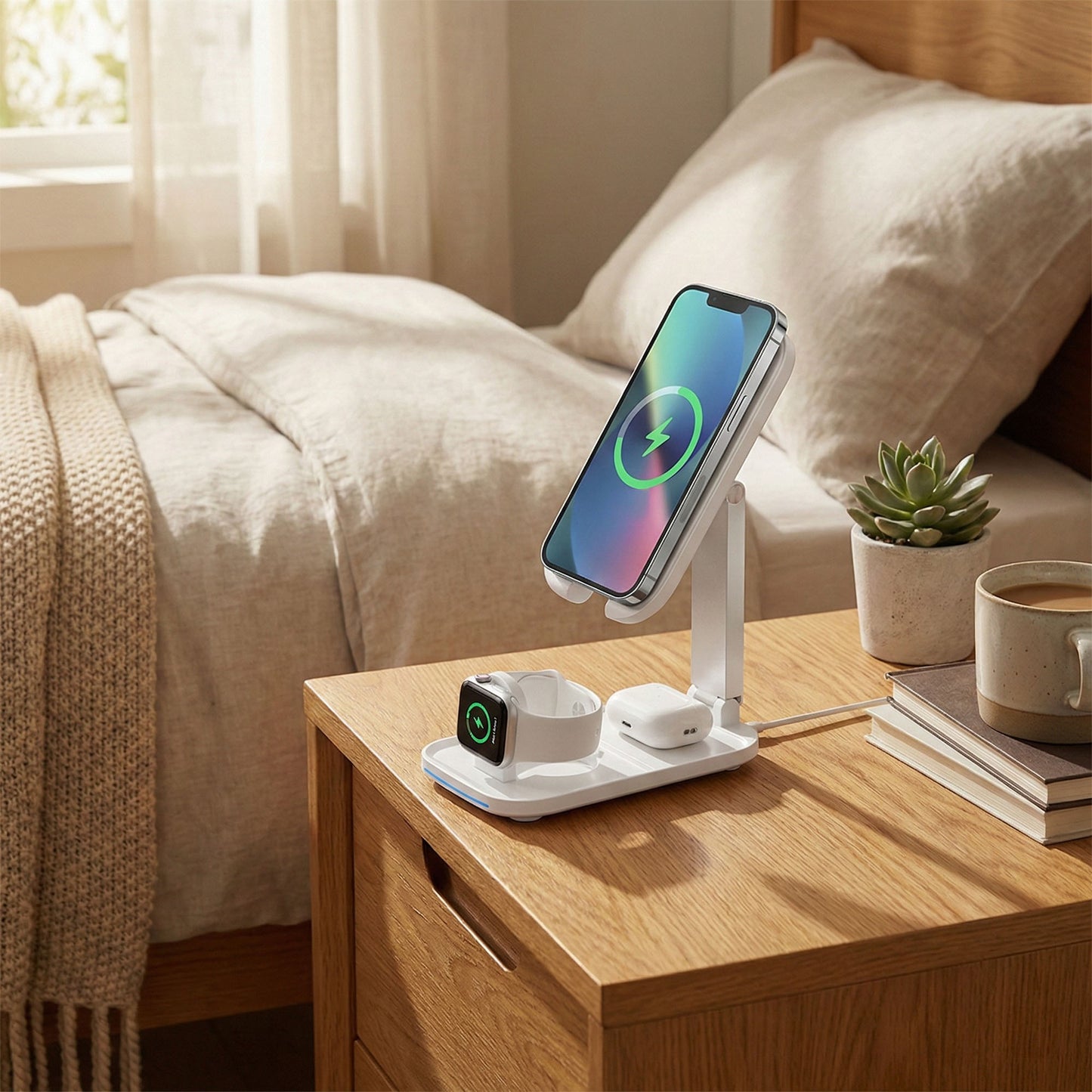 3-in-1 Wireless Charging Stand with Adjustable Phone Holder Compatible with Qi Enabled Devices