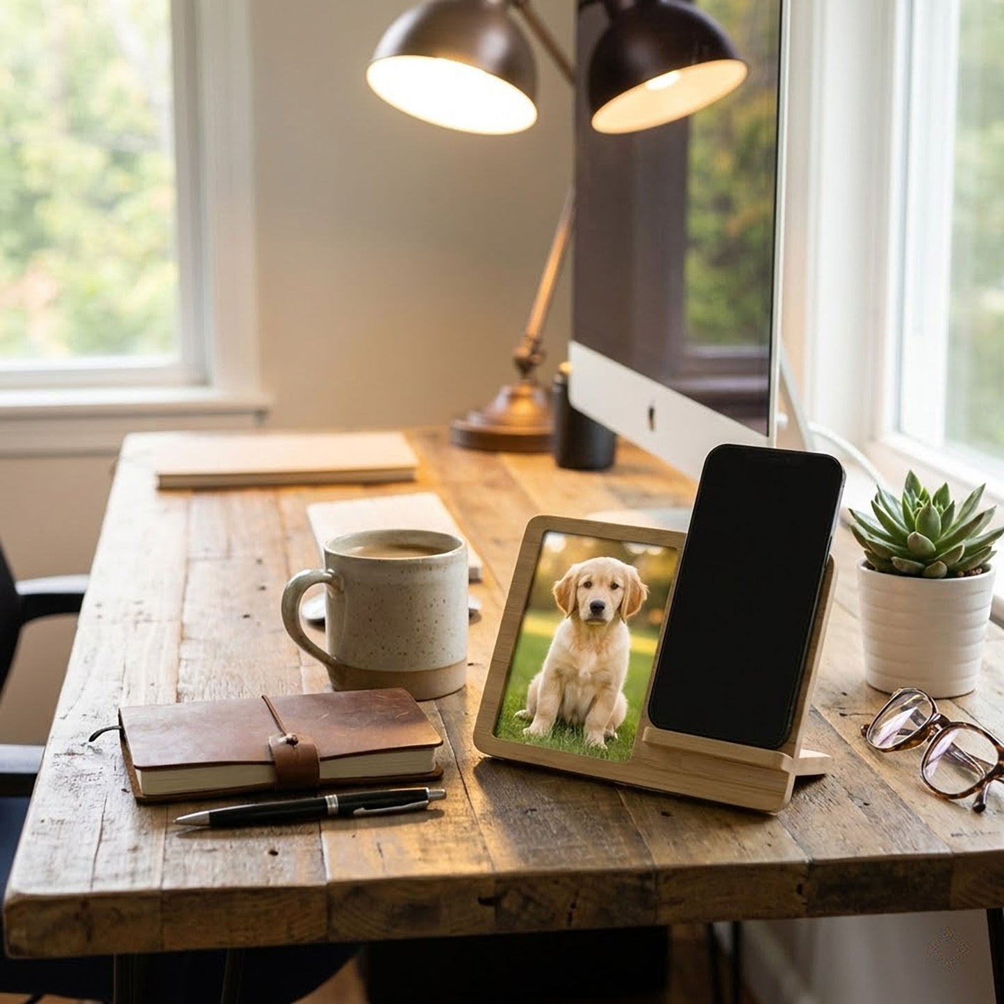 Bamboo Photo Frame with Wireless Charging Pad Compatible with Qi Enabled Devices