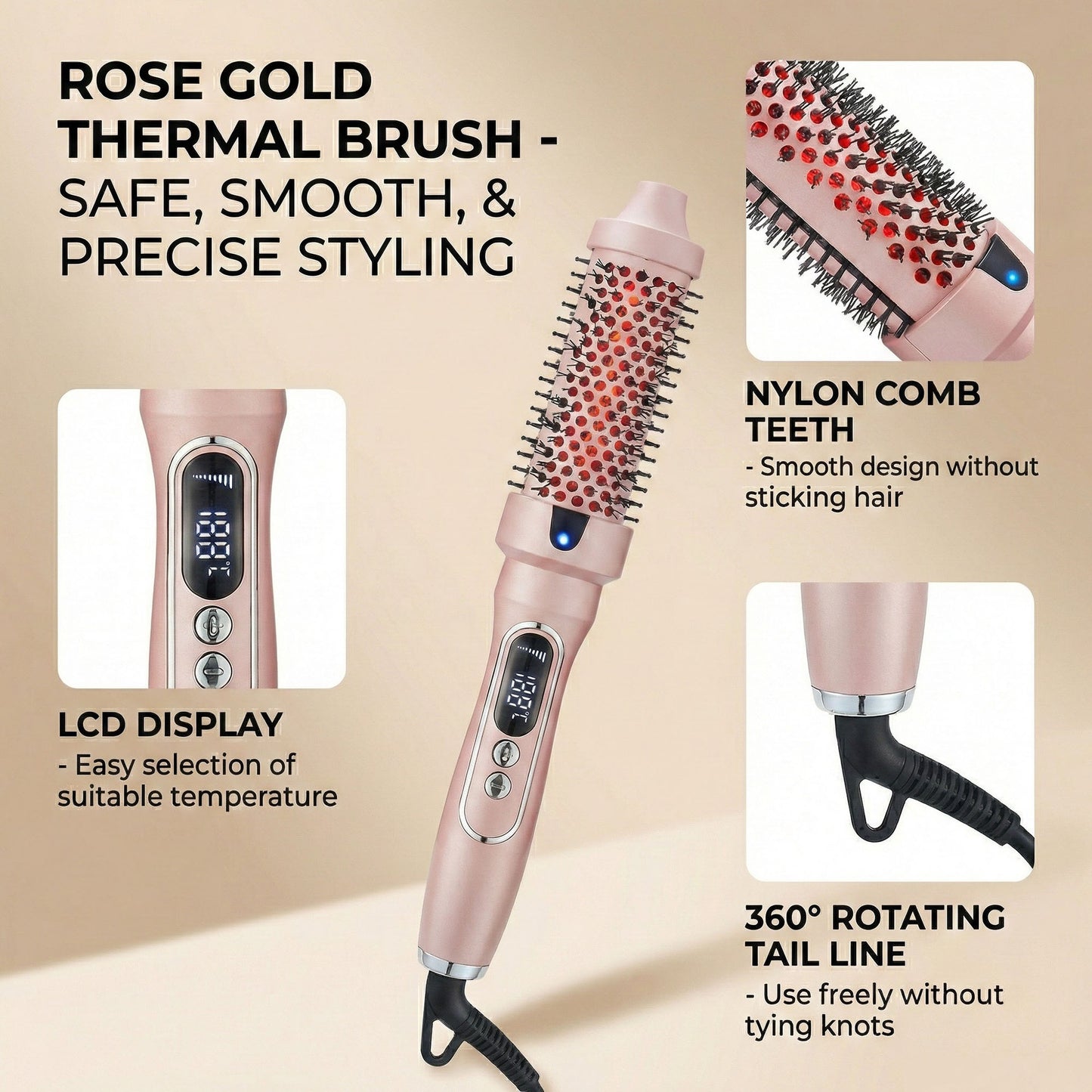 Heated Round Brush Hair Styler Set with Digital Display, Comb, Clips and Heat Gloves