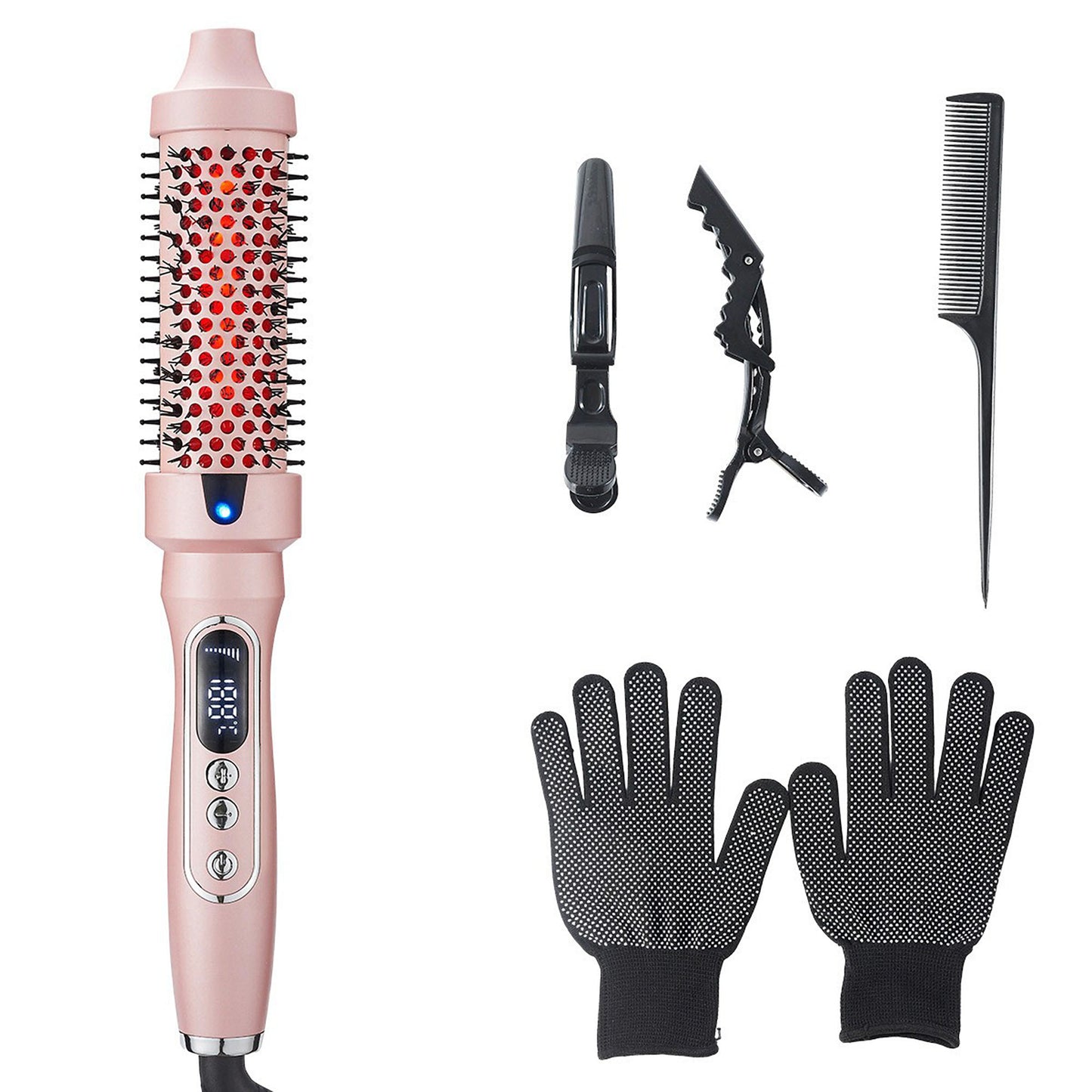 Heated Round Brush Hair Styler Set with Digital Display, Comb, Clips and Heat Gloves
