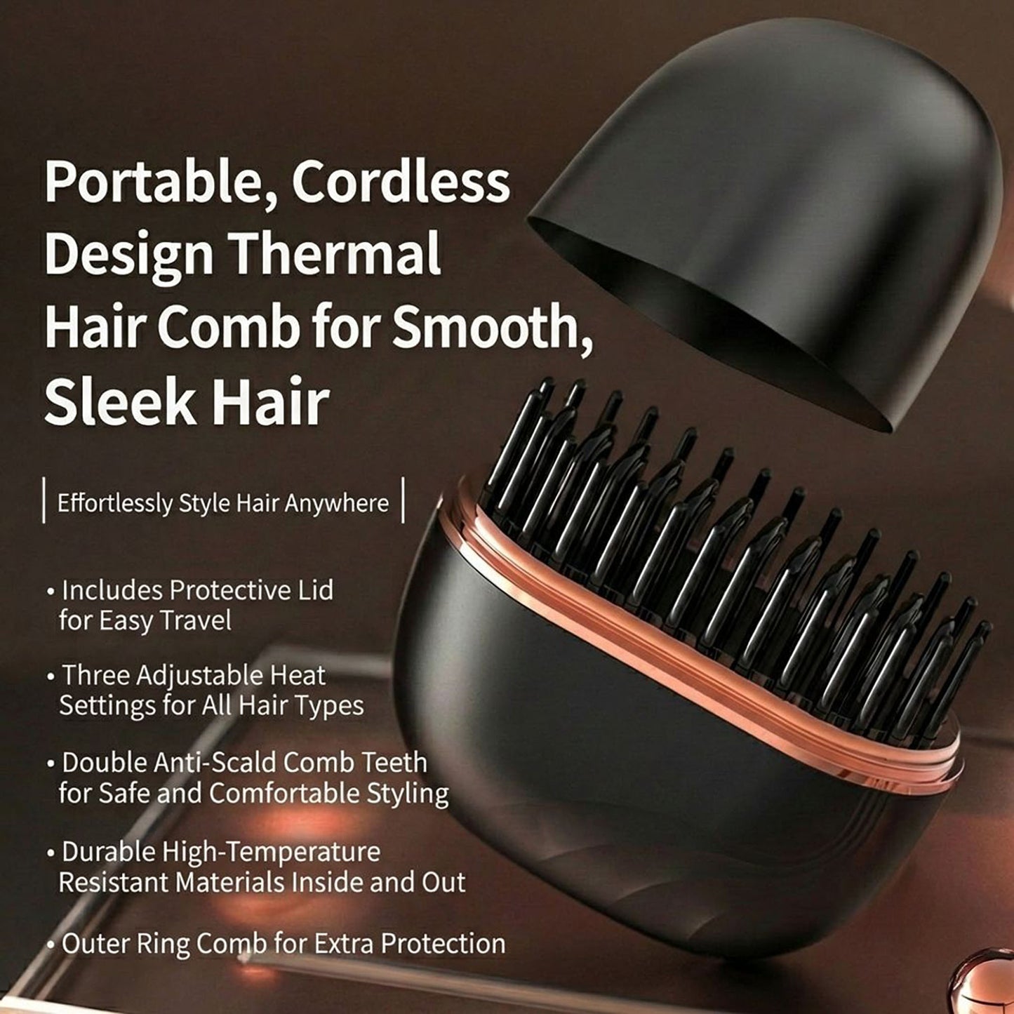 Cordless Thermal Hair Comb with Adjustable Heat Settings and Protective Travel Lid