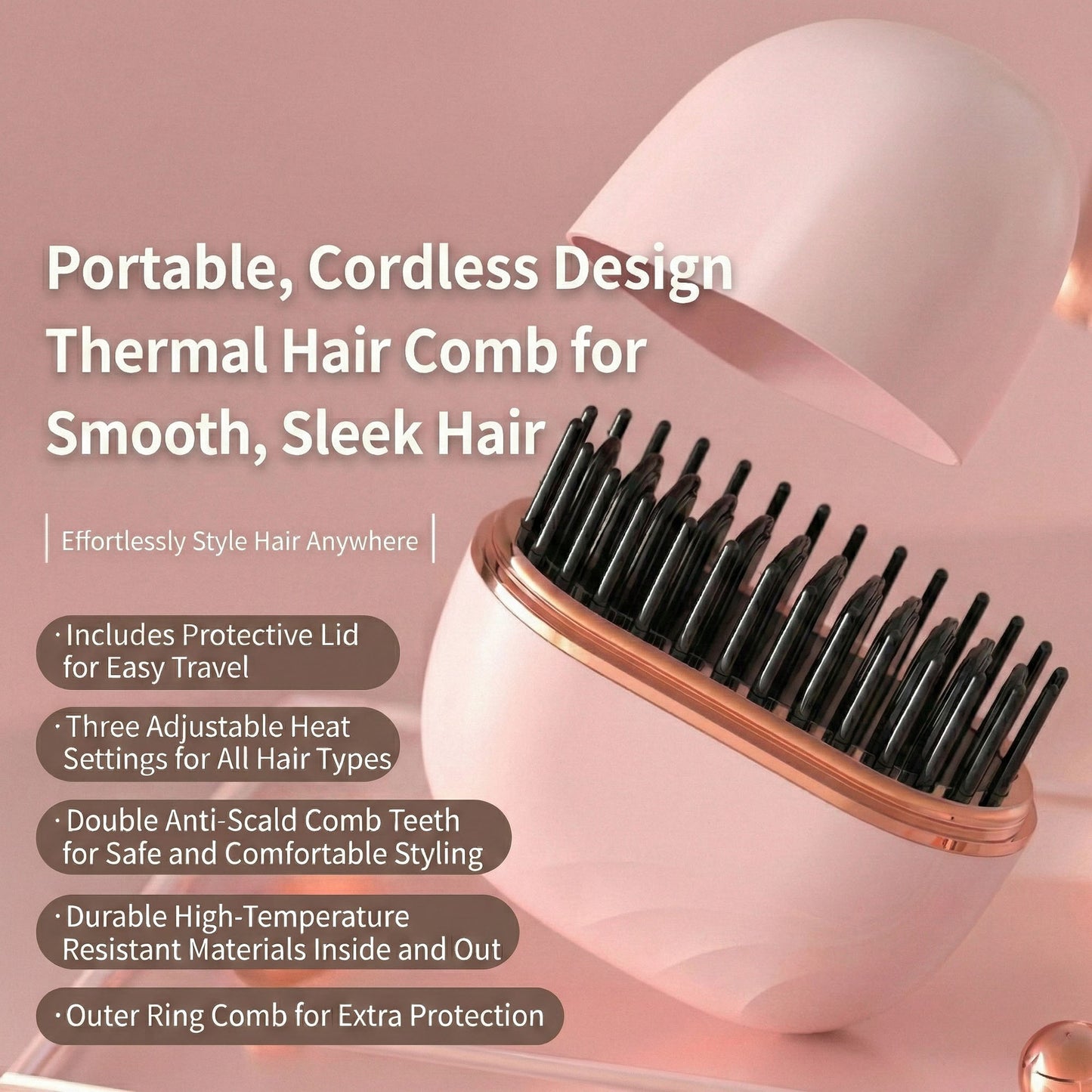 Cordless Thermal Hair Comb with Adjustable Heat Settings and Protective Travel Lid