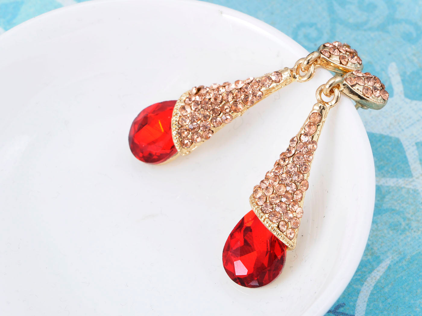 Topaz Red Teardrop Bridal Dangle Drop Earrings