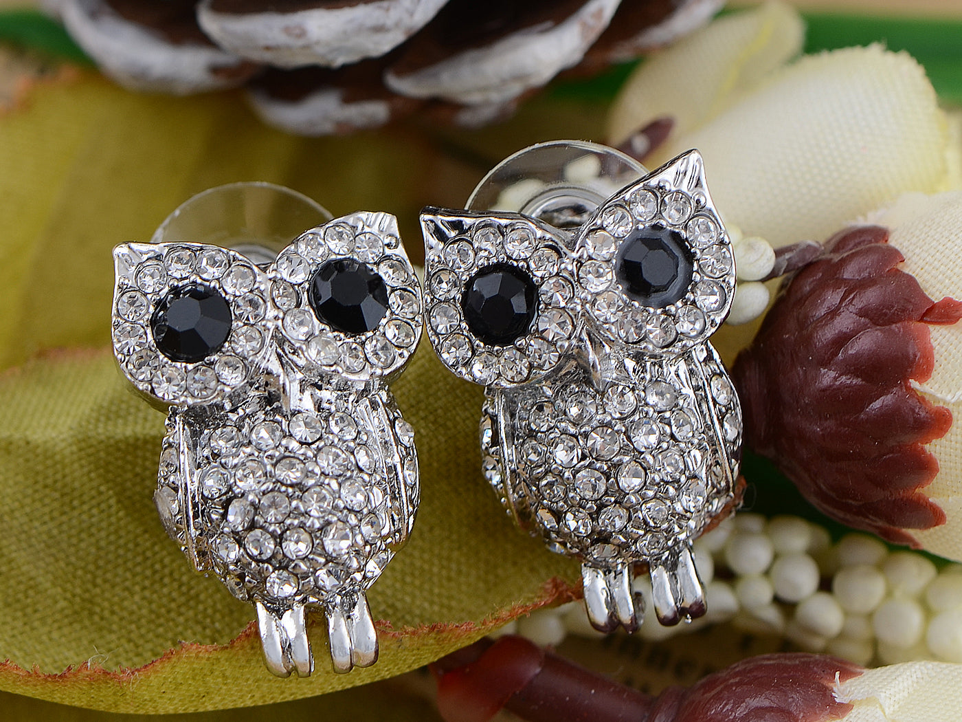 Bird Owl Black Colored Stud Earrings