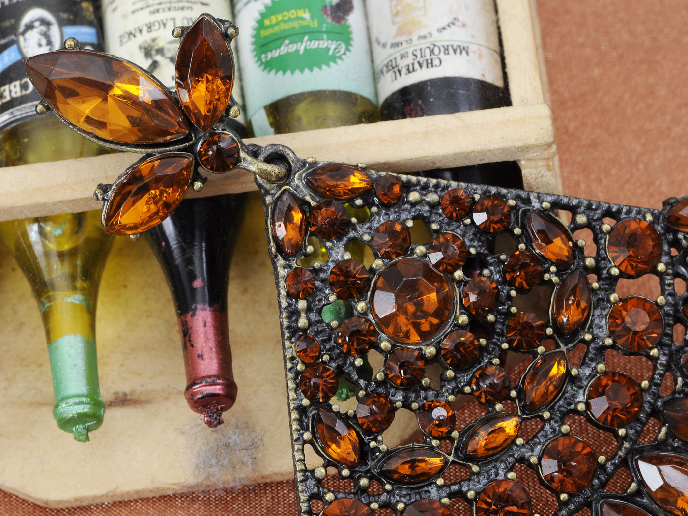 Dark Topaz Antique Design Fan Art Czech Dangle Drop Earrings