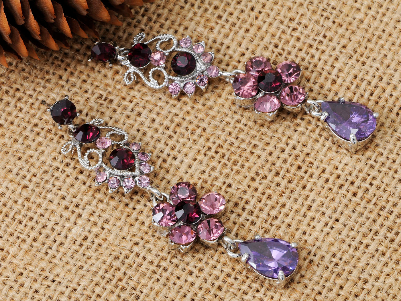 Alilang Silvery Tone Czech Crystal Synthetic Burgundy Rose Purple Flower Tear Drop Dangle Earrings