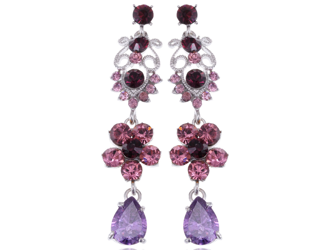 Alilang Silvery Tone Czech Crystal Synthetic Burgundy Rose Purple Flower Tear Drop Dangle Earrings