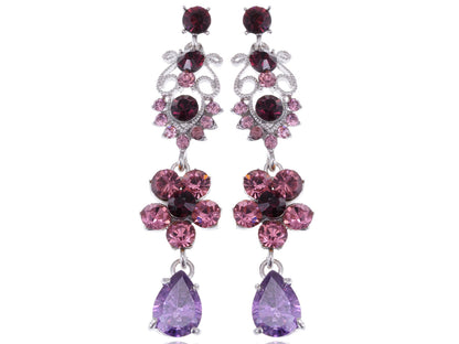 Alilang Silvery Tone Czech Crystal Synthetic Burgundy Rose Purple Flower Tear Drop Dangle Earrings