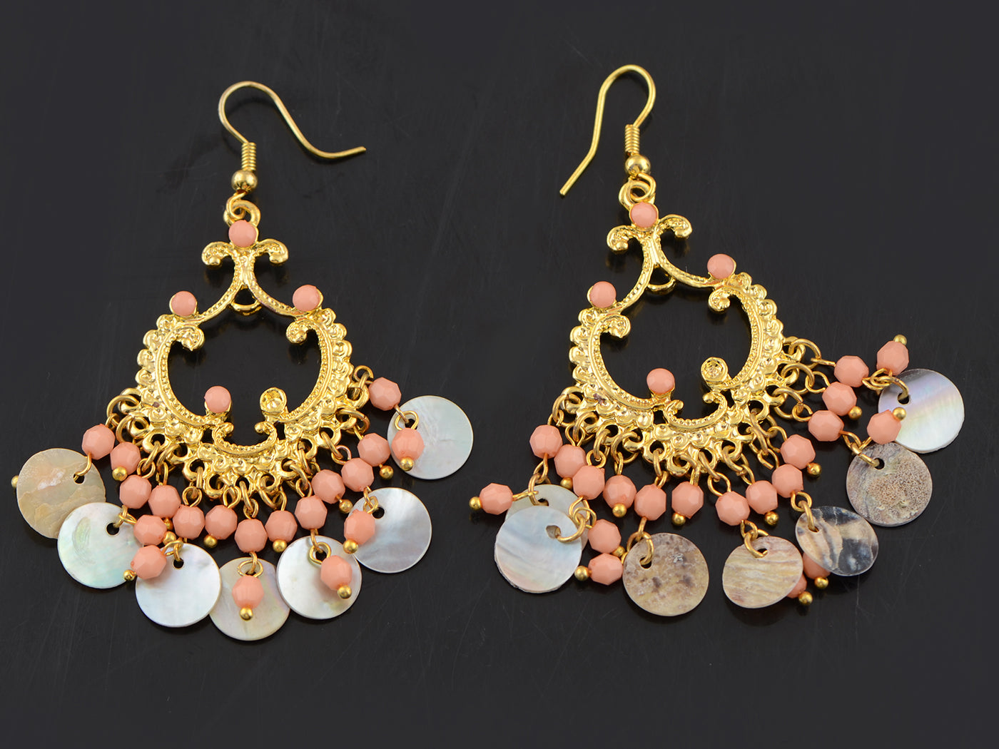 Boho Tribal Gold Turquoise Blue Seashell Chandelier Goddess Earrings