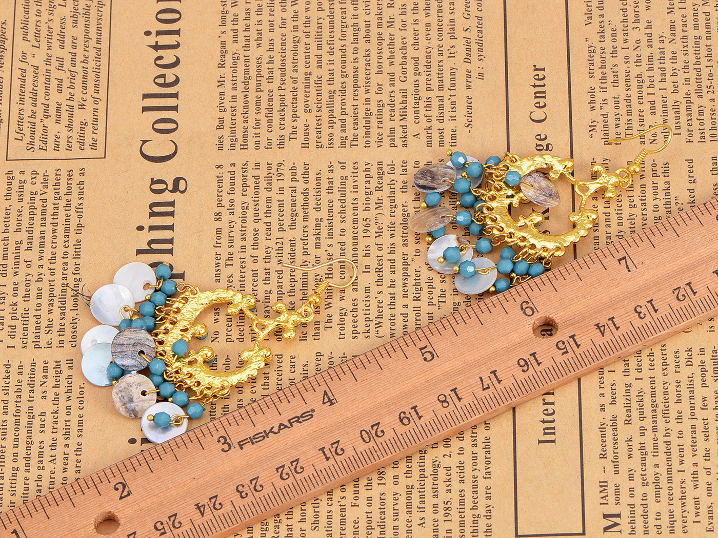 Boho Tribal Gold Turquoise Blue Seashell Chandelier Goddess Earrings