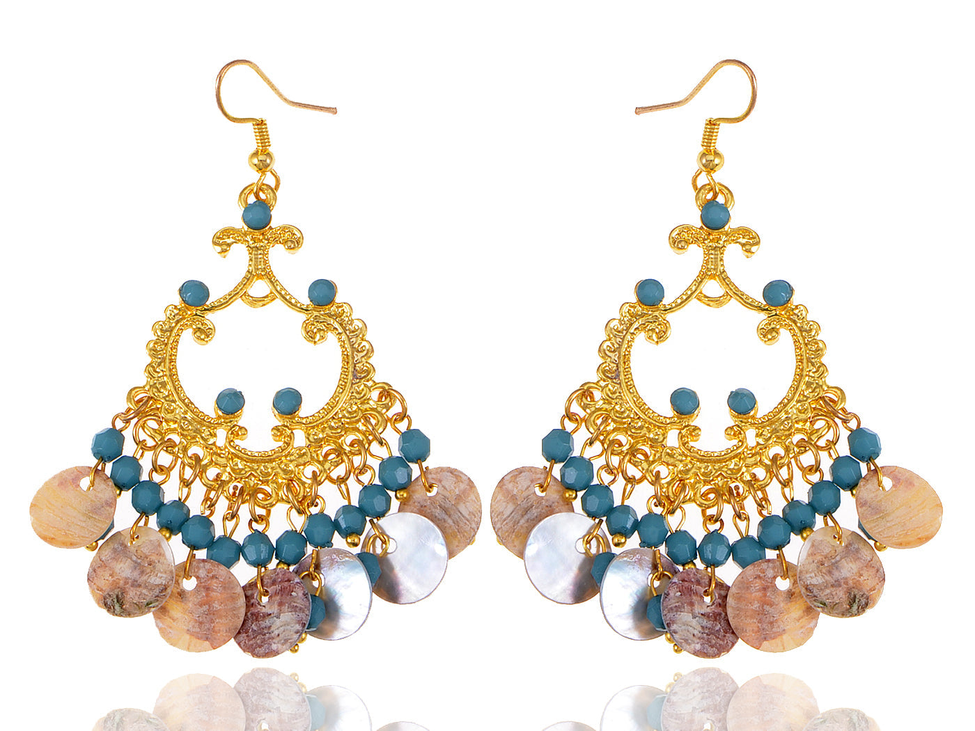 Boho Tribal Gold Turquoise Blue Seashell Chandelier Goddess Earrings