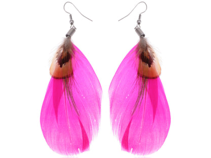 Neon Hot Pink Brown Boho Retro Feather Dangle Drop Hook Earrings
