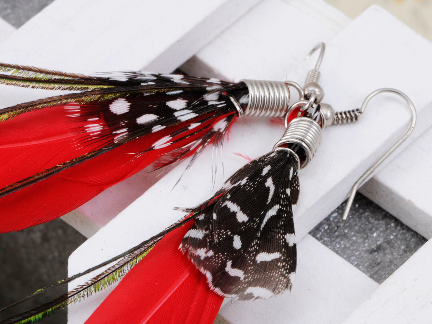 Neon Hot Pink Brown Boho Retro Feather Dangle Drop Hook Earrings