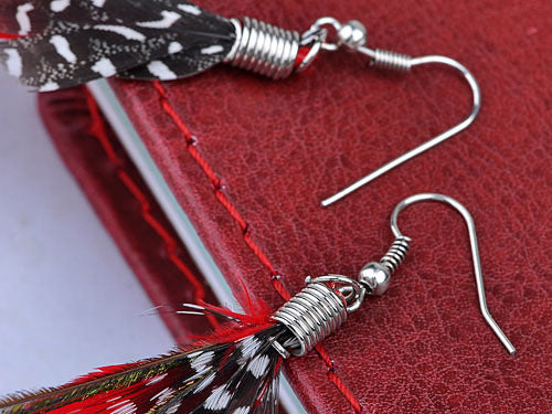 Neon Hot Pink Brown Boho Retro Feather Dangle Drop Hook Earrings