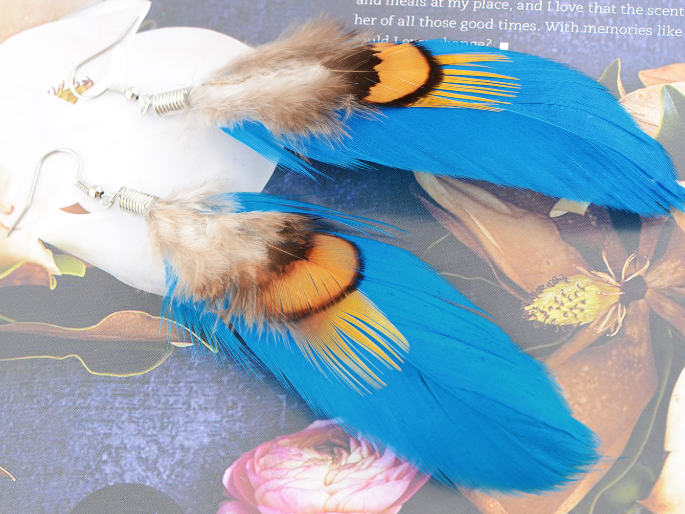 Neon Hot Pink Brown Boho Retro Feather Dangle Drop Hook Earrings