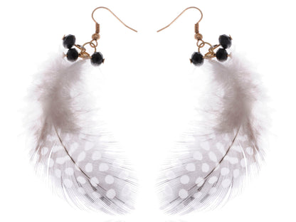 Gold Retro Grey Black White Polka Dot Feather Beaded Dangle Earrings