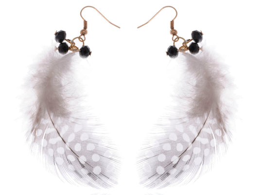 Gold Retro Grey Black White Polka Dot Feather Beaded Dangle Earrings