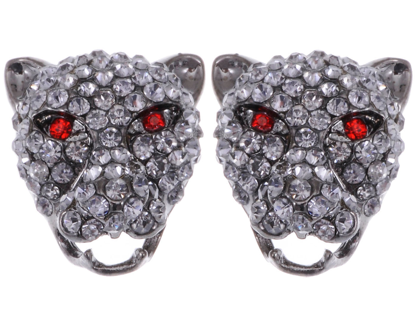 African Silver Growling Aggressive Jaguar Cat Red Eyes Earrings