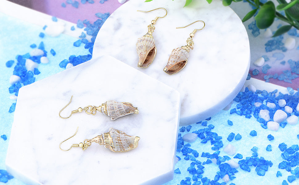 Accent Marine Nautical Brown White Conch Seashell Fish Mermaid Dangle Drop Earrings