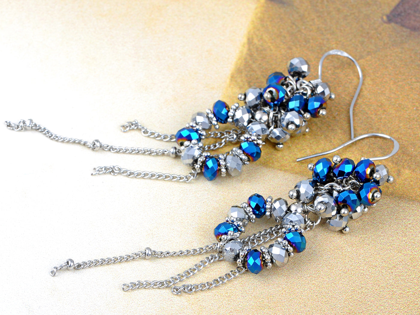 Blue Grey Shimmer Beaded Cluster Wreath Dangling Fish Hook Earrings