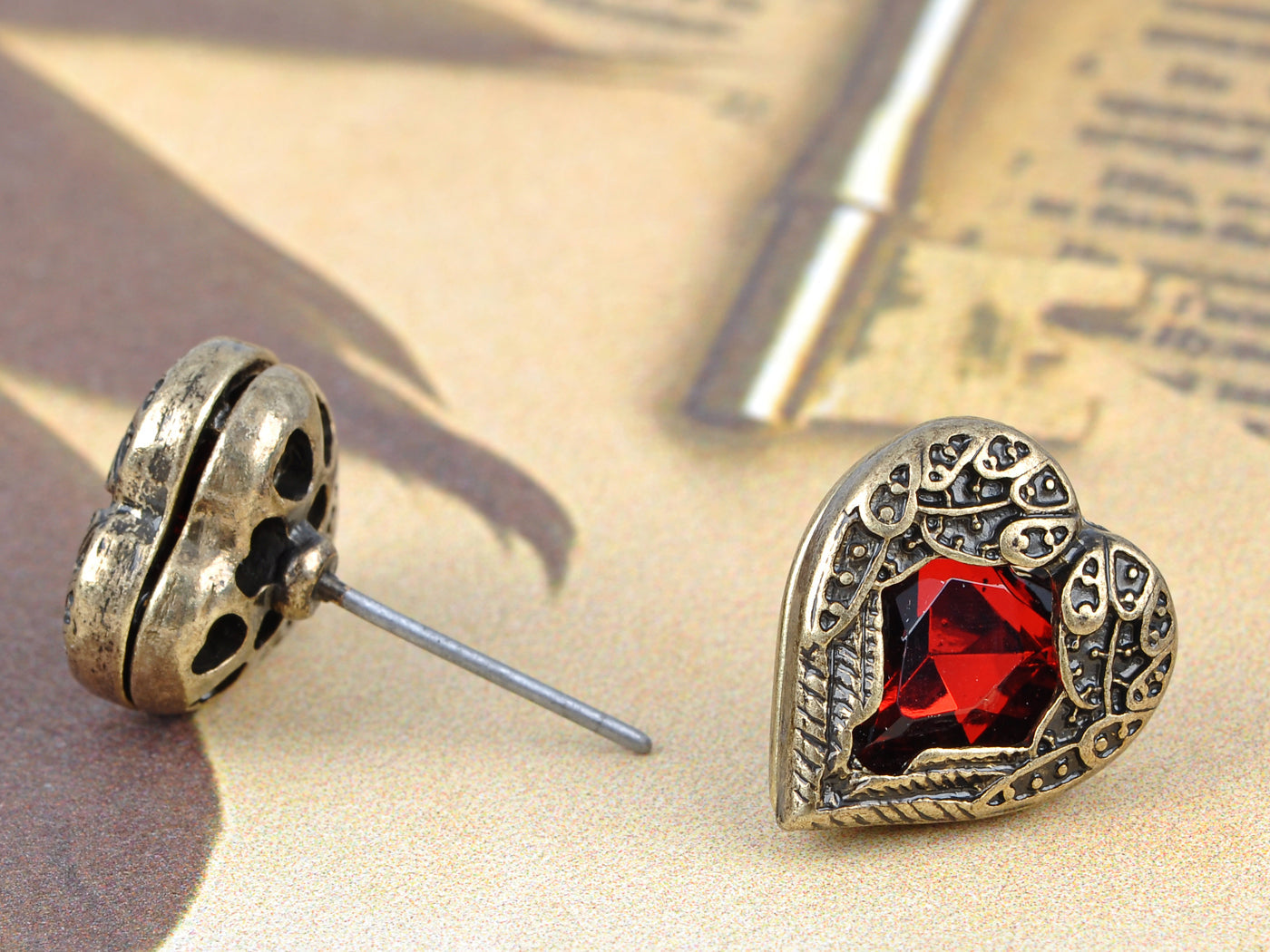 Wine Red Heart Wings Stud Earrings