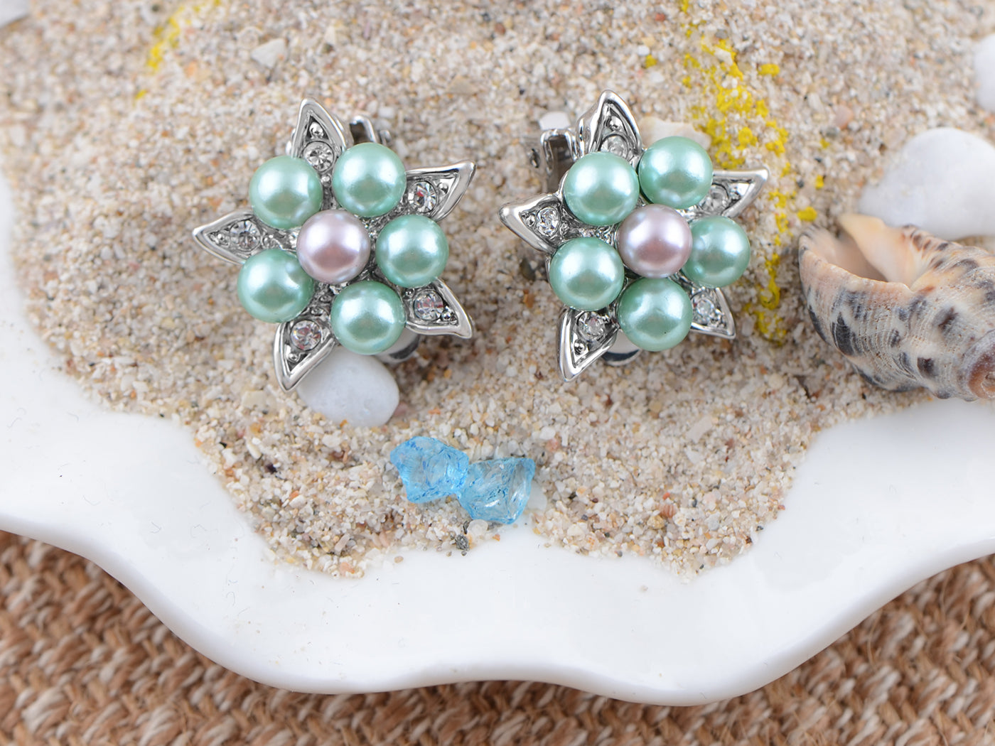 Deate Pearl Flower Star Elements Clip Earrings