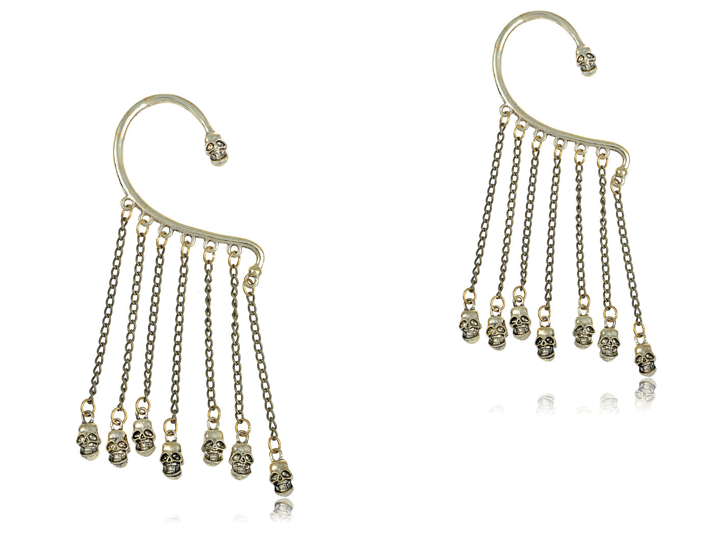 Grey Bronze Dangling Skull Chorus Line Shimmering Utter Magic Cuff Earrings