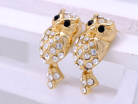 Mini Cartoon Grandpa Owl Bird Button Earrings