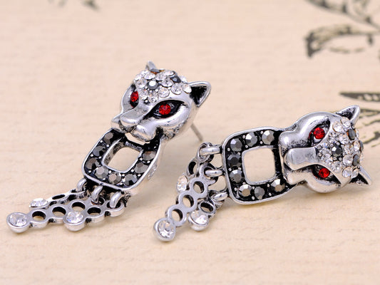 Women Antique Red Eye Jaguar Door Knocker Leopard Head Earrings