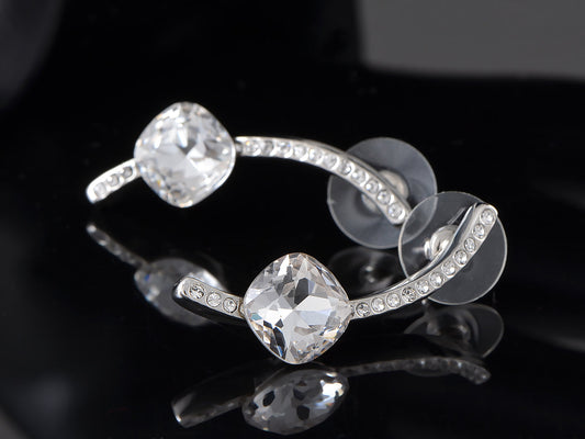 Modern Silver Rounded Cube Diamond Drop Earrings