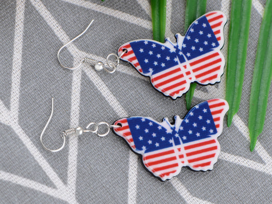 American Flag Butterfly Heart-Shaped Earrings