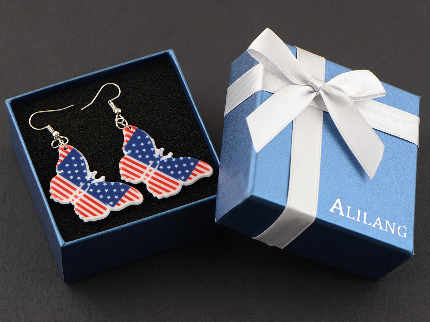 American Flag Butterfly Heart-Shaped Earrings