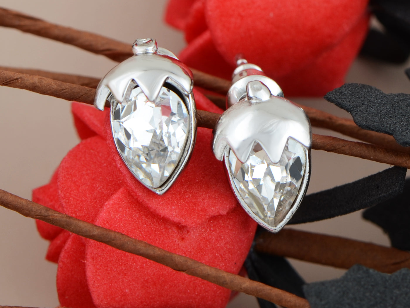 Wine Red Heart Wings Stud Earrings