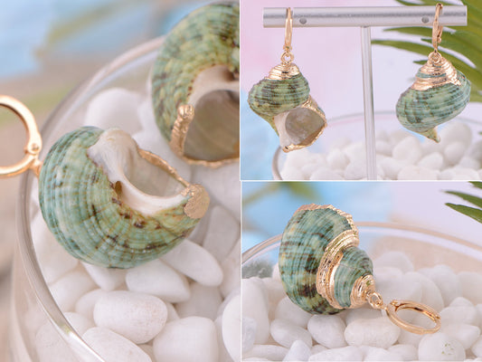 Alilang Seashell Drop Dangle Earrings Golden Accent Mermaid Green Ocean Sea Conch