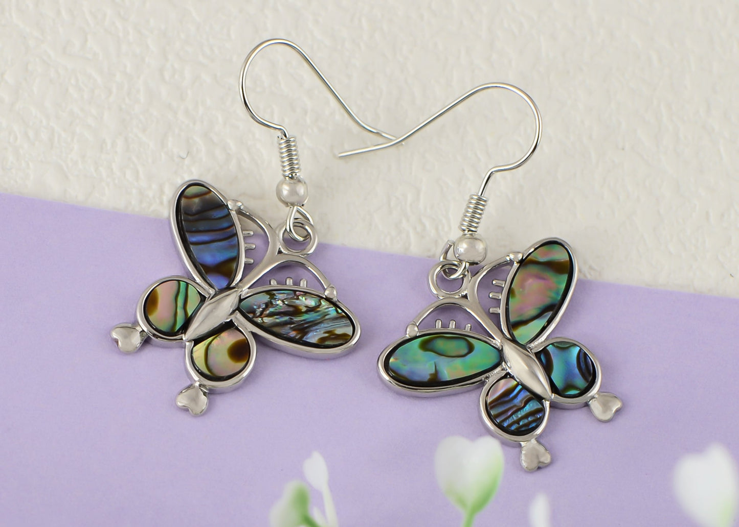 Alilang Creative Animal Shape Silver Tone Alloy Natural Abalone Shell Earrings Dangle Handmade Women Jewelry