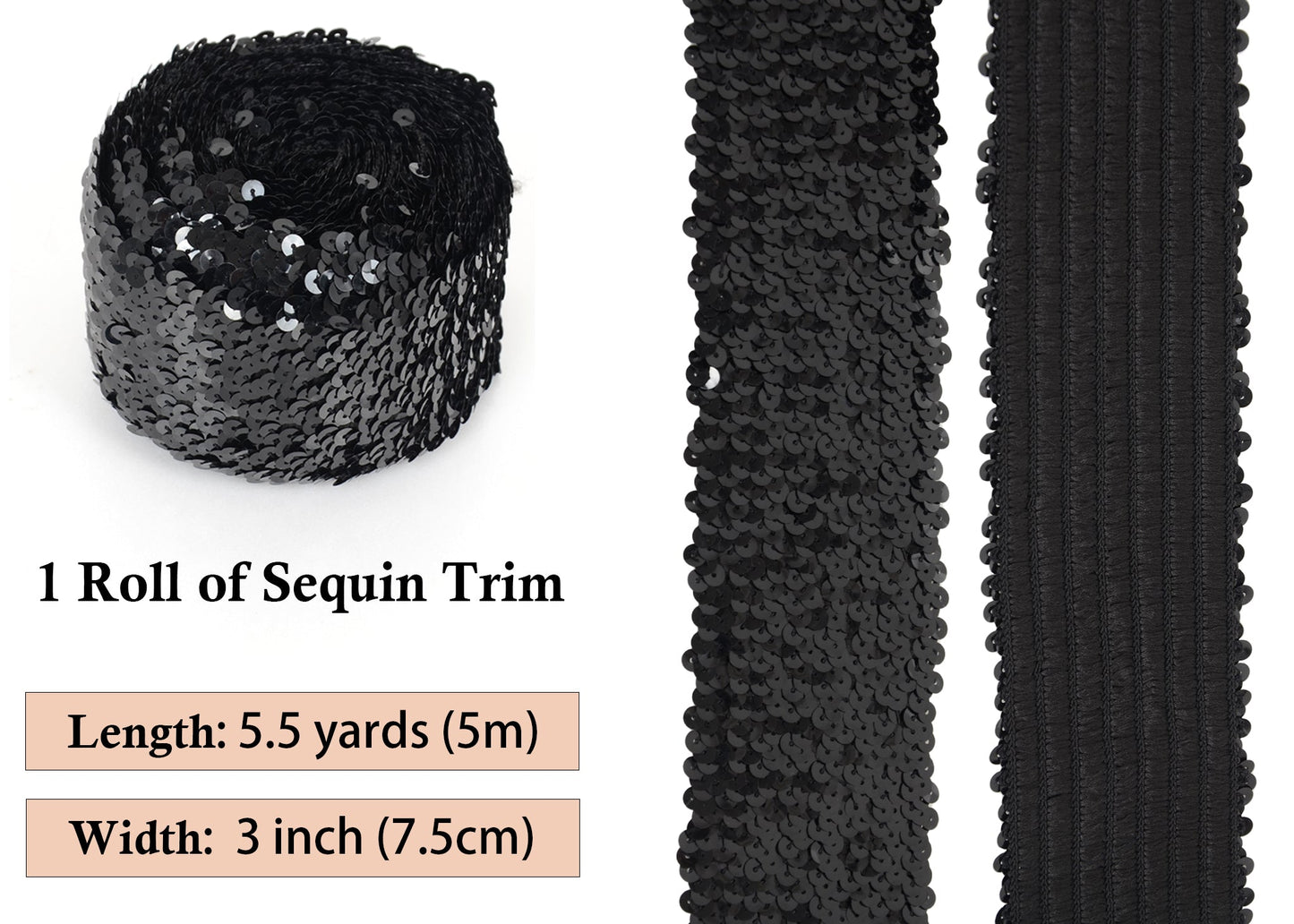 Elastic Sequin Trim, 3 Inch 8 Row Wide Flat Glitter Bling Fabric Paillette Sequin Ribbon, Metallic Sewing DIY Project, 5.5 Yards