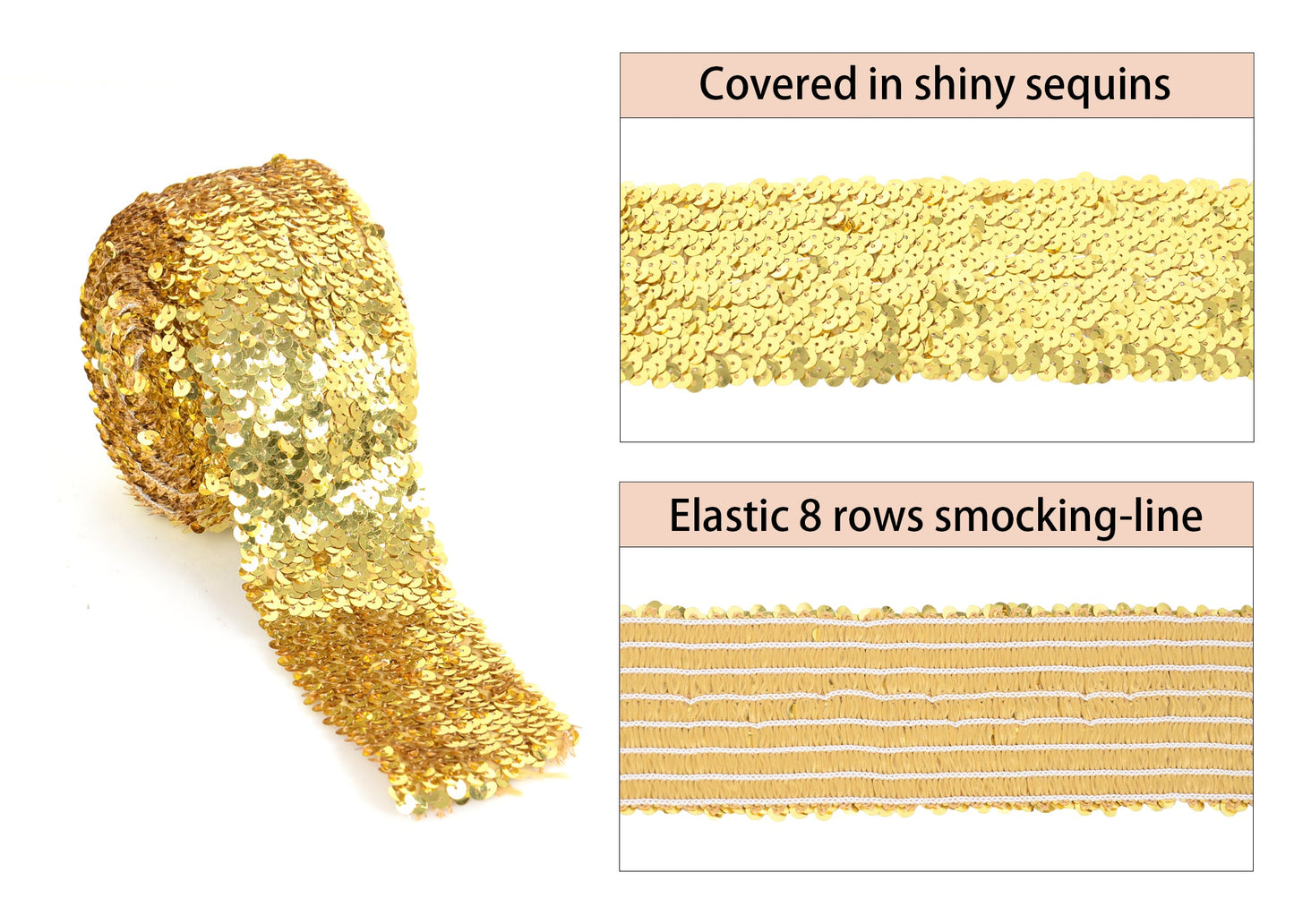 Elastic Sequin Trim, 3 Inch 8 Row Wide Flat Glitter Bling Fabric Paillette Sequin Ribbon, Metallic Sewing DIY Project, 5.5 Yards