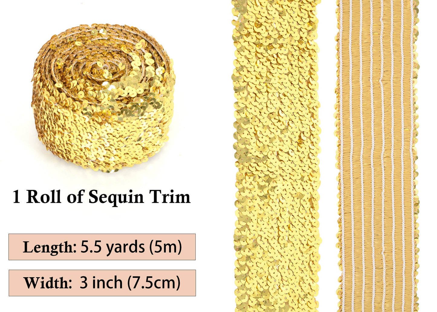 Elastic Sequin Trim, 3 Inch 8 Row Wide Flat Glitter Bling Fabric Paillette Sequin Ribbon, Metallic Sewing DIY Project, 5.5 Yards